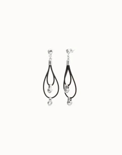 Pendientes de cuero largo doble con detalle de esfera bañada en plata de ley