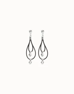 Pendientes de cuero largo doble con detalle de esfera bañada en plata de ley