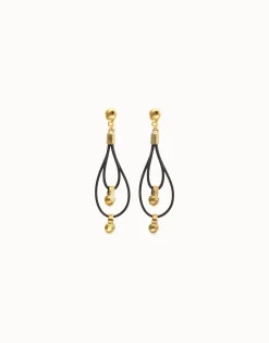 Pendientes de cuero largo doble con detalle de esfera bañado en oro 18k