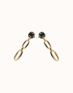 Pendientes largos bañados en oro 18k con cristal facetado negro y eslabones