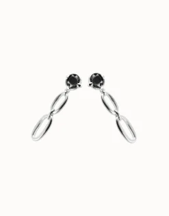 Pendientes largos bañados en plata con cristal facetado negro y eslabones