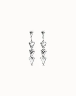 Pendientes largos con corazones encadenados bañados en plata de ley