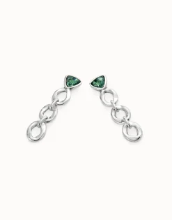 Pendientes largos con eslabones y cristal verde triangular