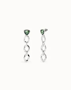 Pendientes largos con eslabones y cristal verde triangular