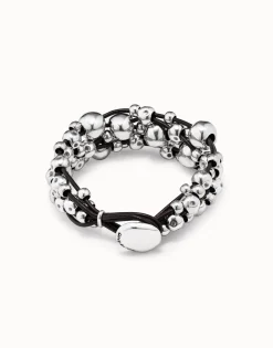 Pulsera ancha de cuero bañada en plata de ley