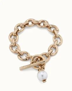 Pulsera bañada en oro 18k con eslabones y charm de perla