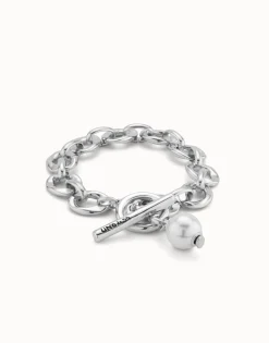 Pulsera bañada en plata de ley con eslabones y charm de perla