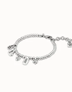 Pulsera bañada en plata de ley con charm corazón, trébol y mano
