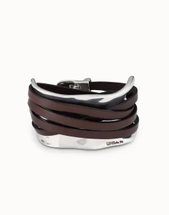 Pulsera bañada en plata de ley con tiras de cuero