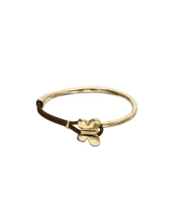 Pulsera combinada en cuero marrón y oro 18k con adorno de mariposa