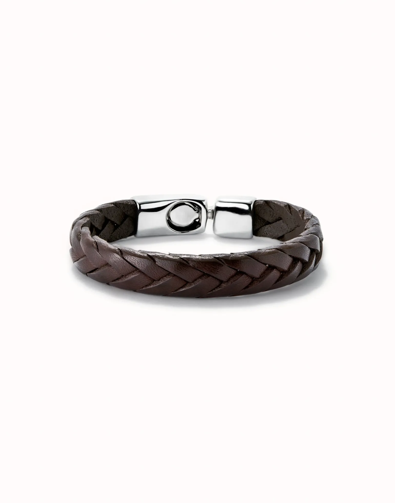 Pulsera cuero trenzada color coñac bañada en plata de ley