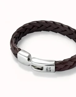 Pulsera cuero trenzada color coñac bañada en plata de ley