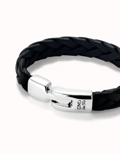 Pulsera cuero trenzada color negro bañada en plata de ley