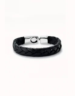 Pulsera cuero trenzada color negro bañada en plata de ley