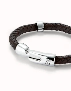 Pulsera cuero trenzada con 2 circunferencias bañadas en plata de ley