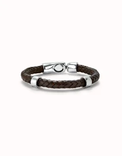Pulsera cuero trenzada con 2 circunferencias bañadas en plata de ley