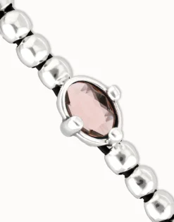 Pulsera de bolas bañada en plata con cristal facetado ovalado rosa