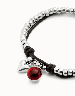 Pulsera de bolas bañadas en plata de ley con cuero y cristal rojo