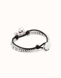 Pulsera de bolas bañadas en plata de ley con cuero y cristal rojo
