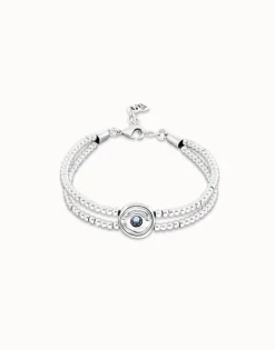 Pulsera de bolas doble bañada en plata de ley con detalle de ojo y cristal azul