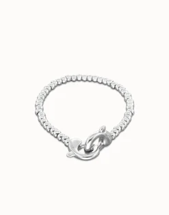 Pulsera de bolas pequeñas bañada en plata con mosquetón entrelazado