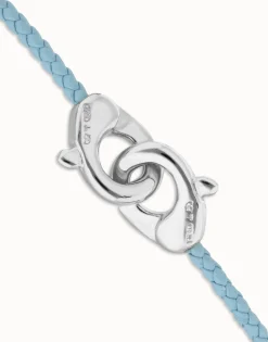 Pulsera de cuero azul con mosquetón entrelazado en plata