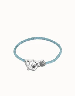 Pulsera de cuero azul con mosquetón entrelazado en plata