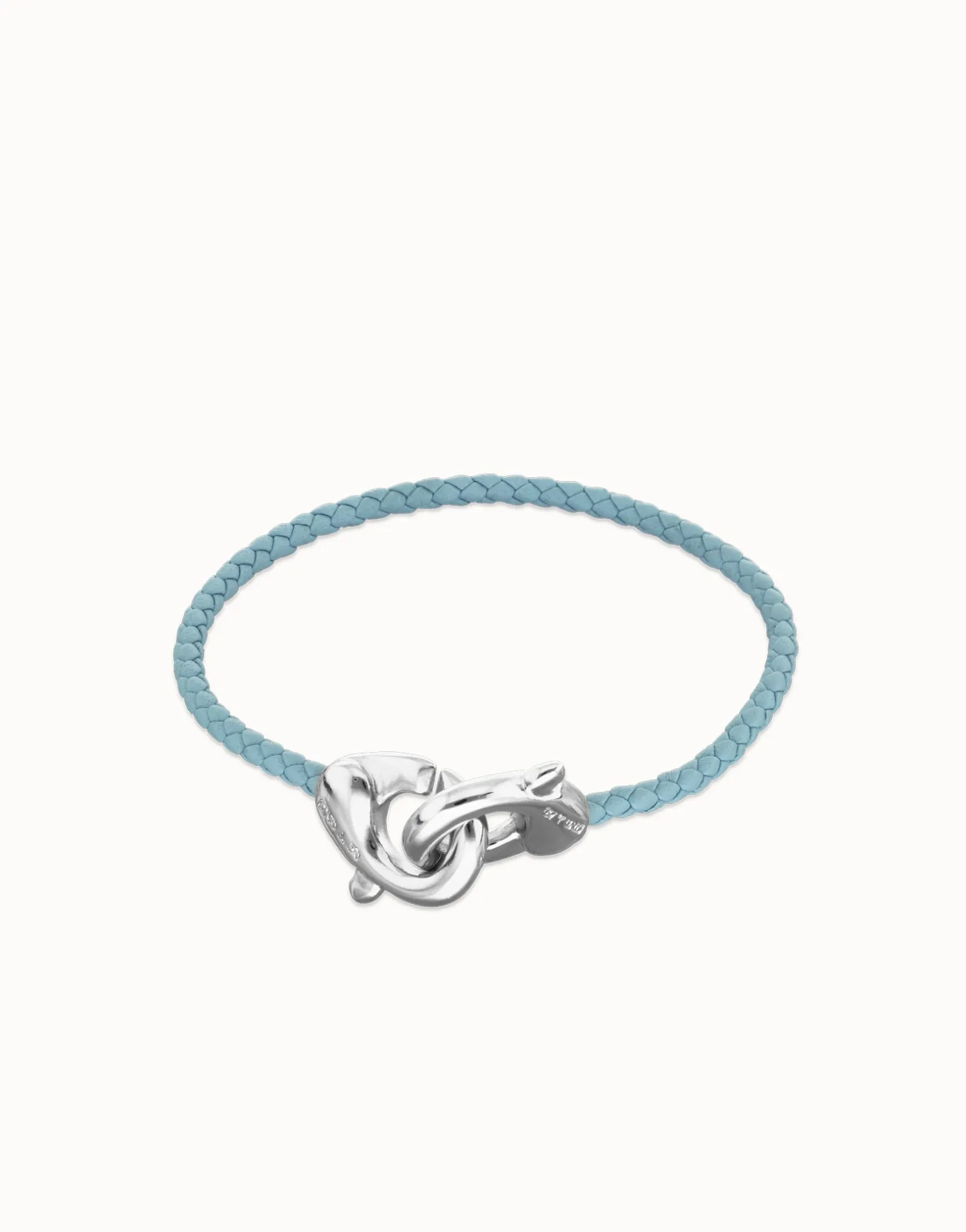 Pulsera de cuero azul con mosquetón entrelazado en plata