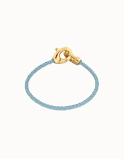 Pulsera de cuero azul con mosquetón entrelazado en oro