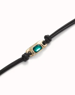 Pulsera de cuero bañada en oro 18k con cristal verde