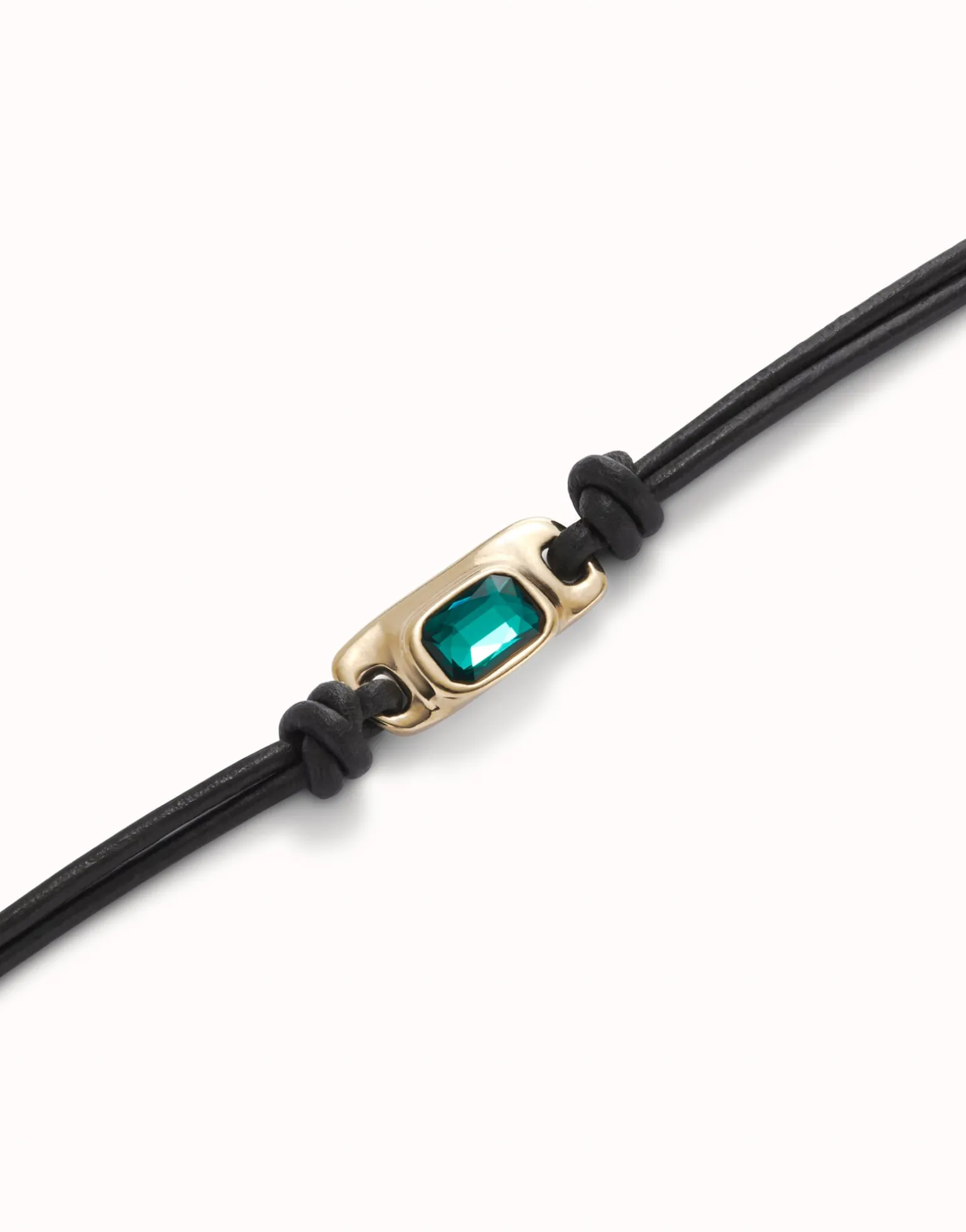 Pulsera de cuero bañada en oro 18k con cristal verde