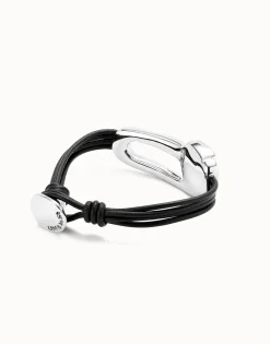 Pulsera de cuero bañada en plata de ley y cristal facetado negro