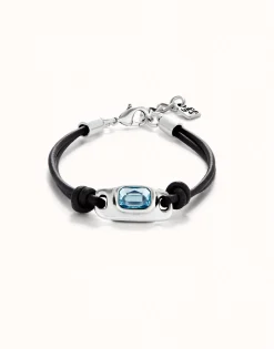 Pulsera de cuero bañada en plata de ley con cristal azul celeste