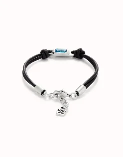 Pulsera de cuero bañada en plata de ley con cristal azul celeste