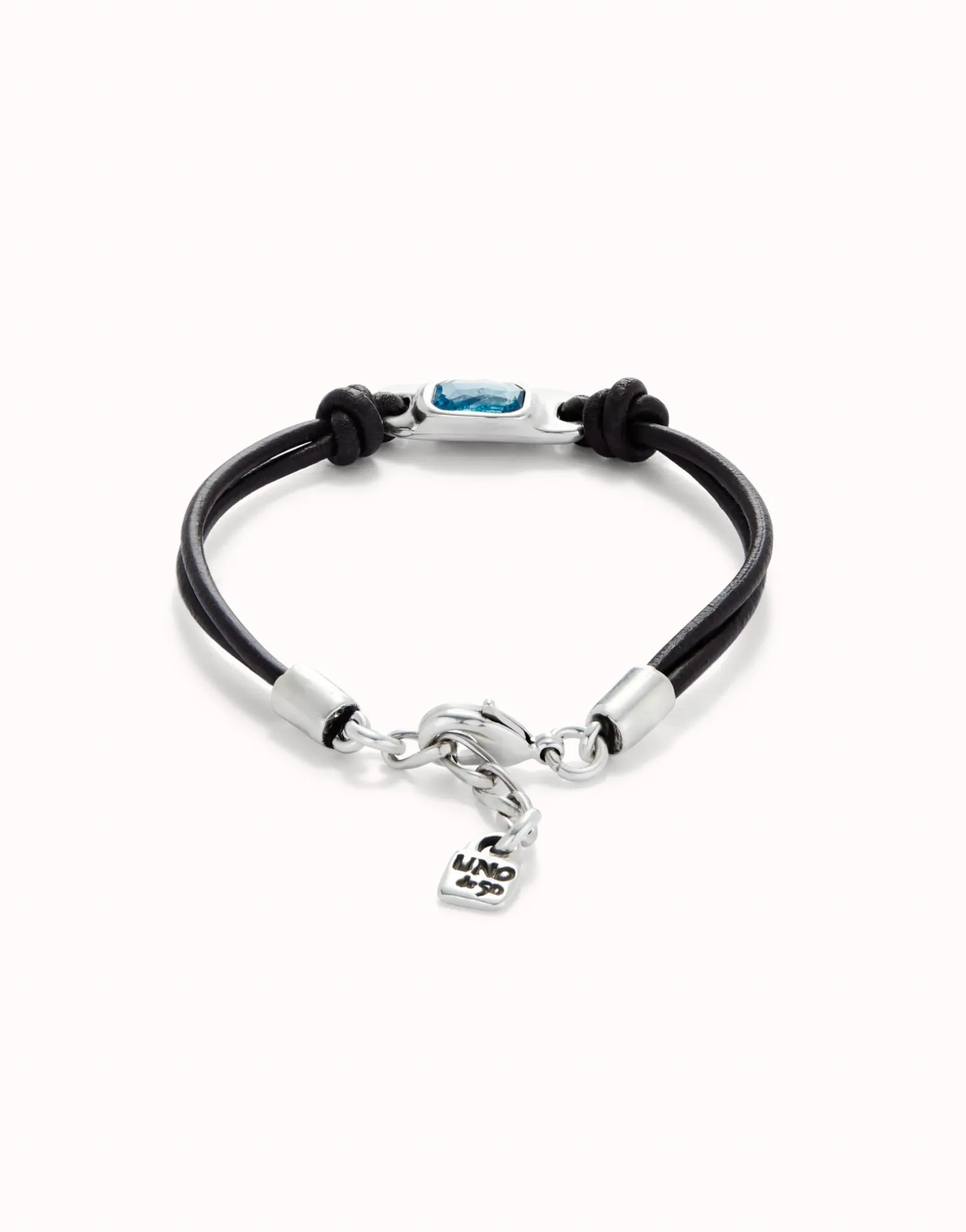 Pulsera de cuero bañada en plata de ley con cristal azul celeste