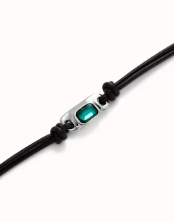 Pulsera de cuero bañada en plata de ley con cristal verde
