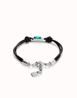 Pulsera de cuero bañada en plata de ley con cristal verde