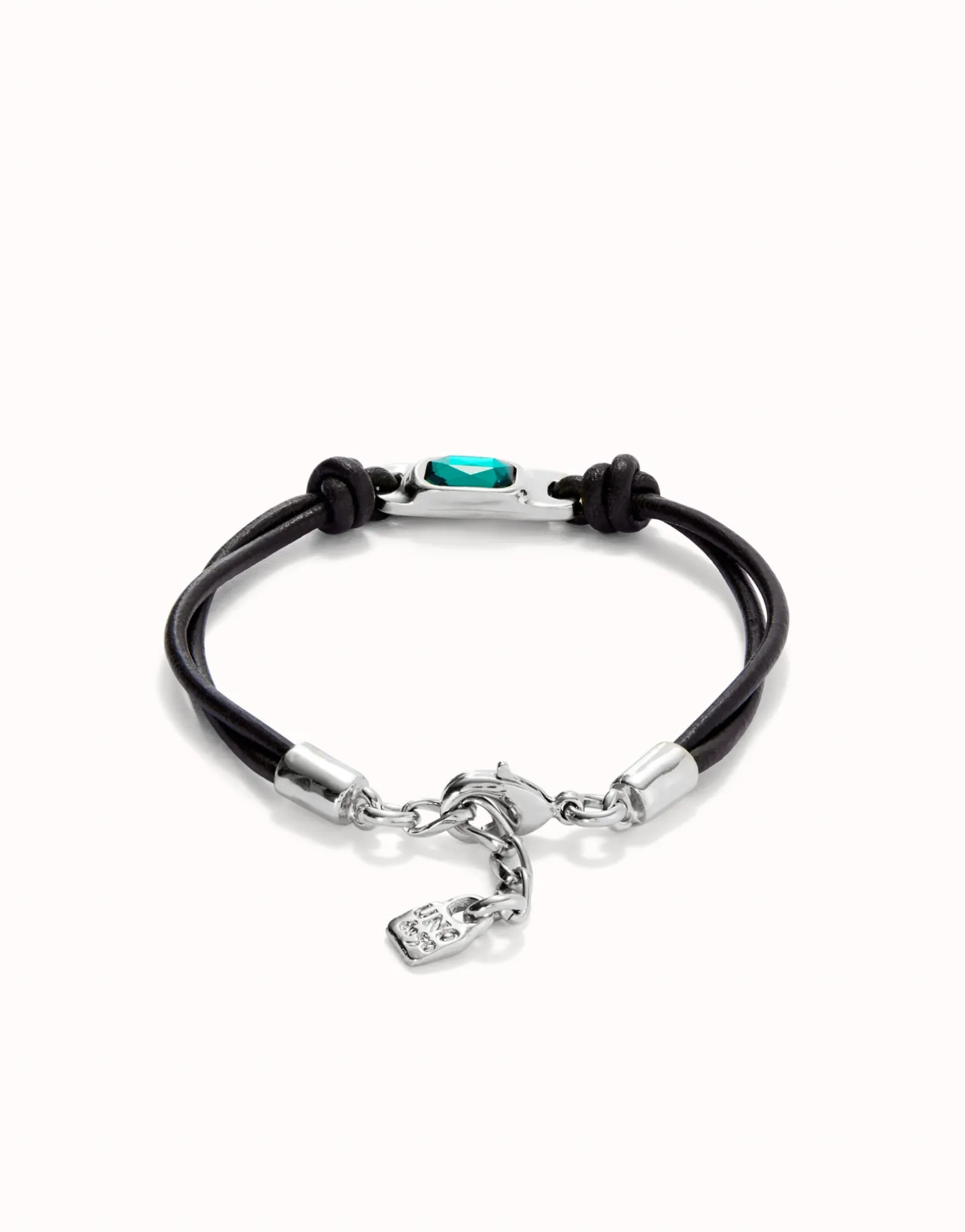 Pulsera de cuero bañada en plata de ley con cristal verde