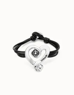 Pulsera de cuero con corazón bañado en plata de ley con cristal negro