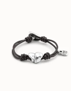 Pulsera de cuero con corazón bañada en plata de ley
