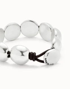 Pulsera de cuero con cuentas grandes redondas bañadas en plata de ley