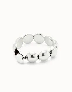 Pulsera de cuero con cuentas grandes redondas bañadas en plata de ley
