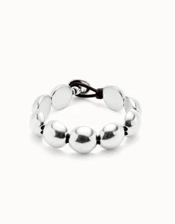 Pulsera de cuero con cuentas grandes redondas bañadas en plata de ley
