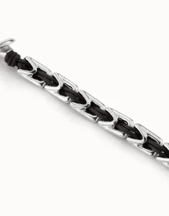 Pulsera de cuero con eslabones bañados en plata de ley