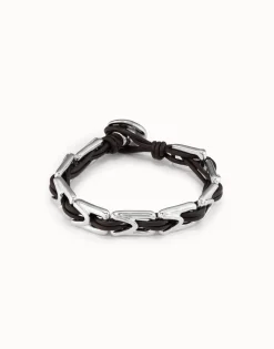Pulsera de cuero con eslabones bañados en plata de ley