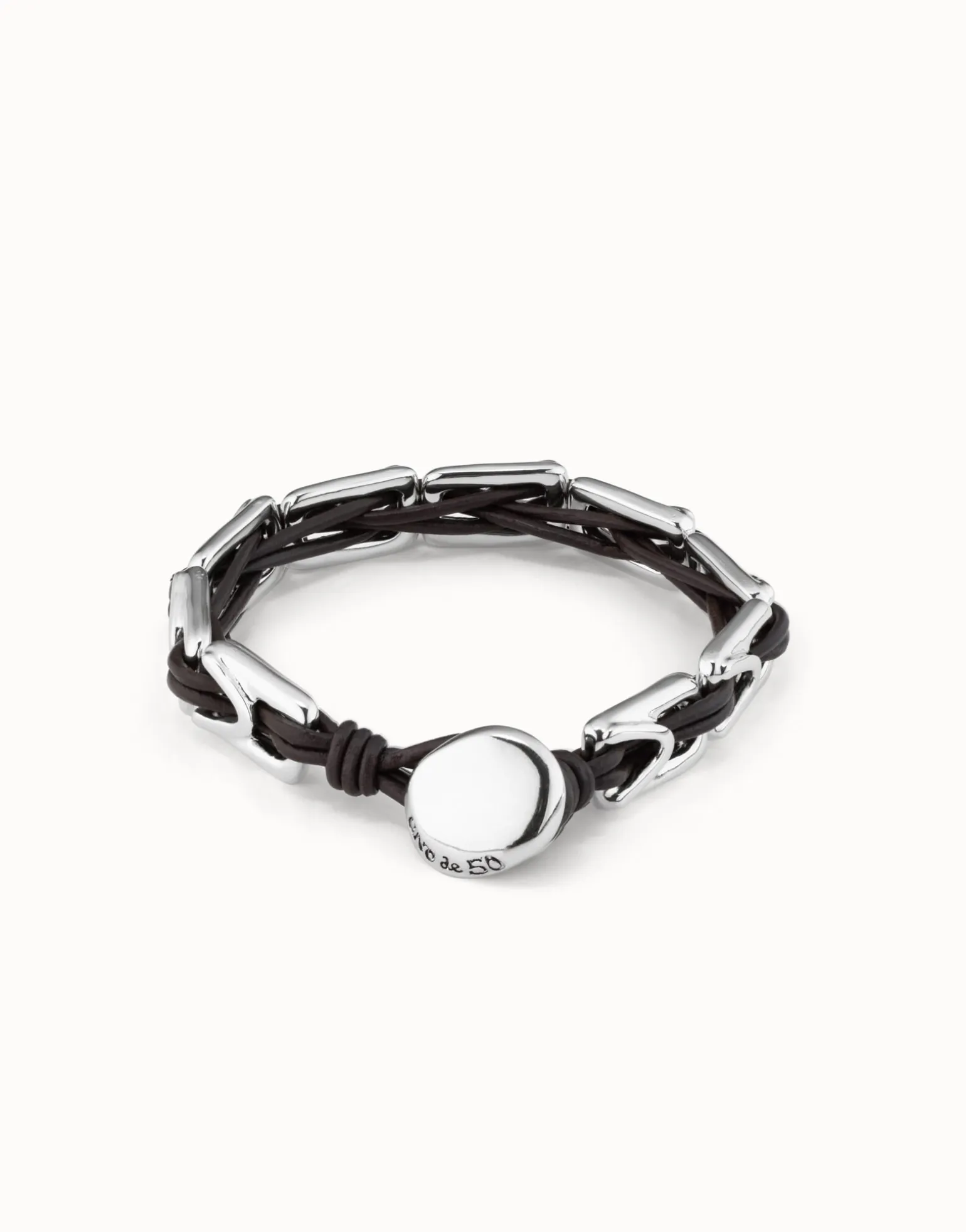 Pulsera de cuero con eslabones bañados en plata de ley