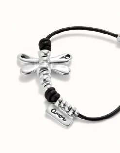 Pulsera de cuero con libélula bañado en plata de ley