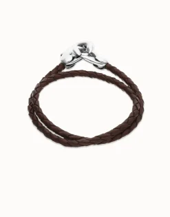 Pulsera de cuero doble marrón con mosquetón entrelazado en plata