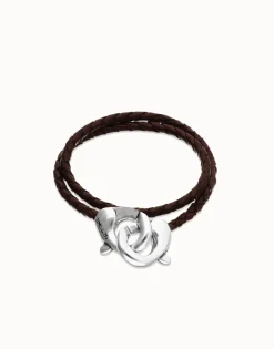 Pulsera de cuero doble marrón con mosquetón entrelazado en plata