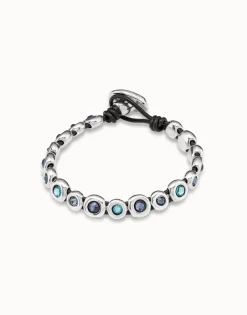 Pulsera de cuero marrón bañada en plata de ley y cristales azules